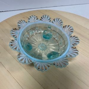 Vintage Mosser Klondyke Blue Opalescent Flower Petal Footed Bowl 2" x 5.25" V.G.